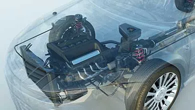 Transparent view of a car's front, revealing the engine, red-springed suspension, and wheel.