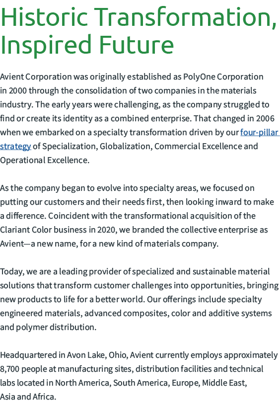 Historic Transformation, Inspired Future Avient Corporation was originally established as PolyOne Corporation in 200...