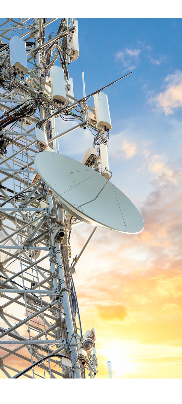 5G Sunset Cell Tower: Cellular communications tower for mobile phone and video data transmission